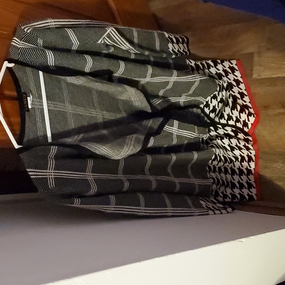 Venus long cardigan sweater black and white plaid with stripe red on bottom m